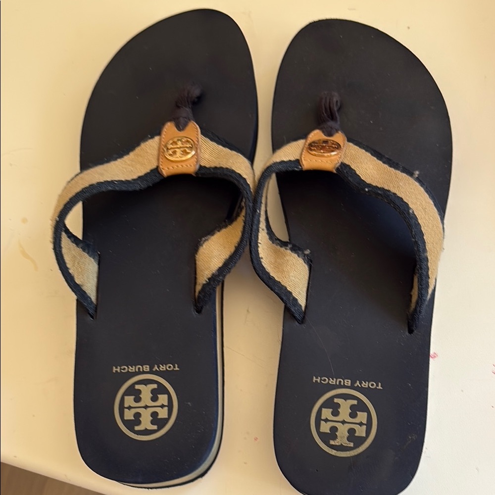 Tory Burch Blue Beige Wedge Flip Flops